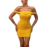 xxxiticat Women's Off Shoulder Ruched Mesh Dress Sleeveless Mesh Sheer Club Party Shapewear Bodycon Corset Mini Dresses