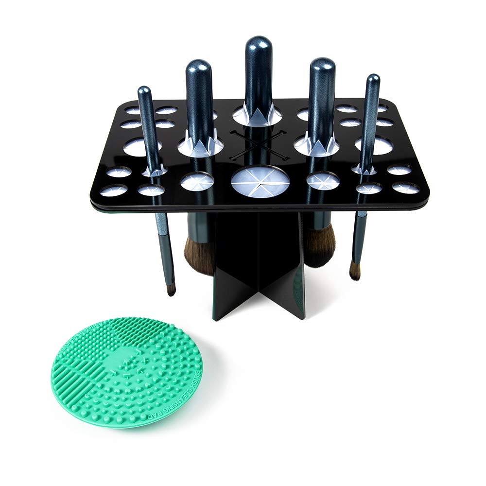 Makeup Brush Drying Rack & Makeup Brush Cleaning Mat, YLong-ST 26 Holes Brush Holder Air Tree Tower Organizer, Silicone Brush Cleaner - Black & Green