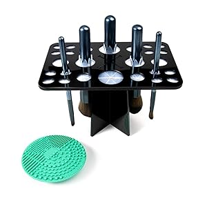 Makeup Brush Drying Rack & Makeup Brush Cleaning Mat, YLong-ST 26 Holes Brush Holder Air Tree Tower Organizer, Silicone Brush Cleaner - Black & Green