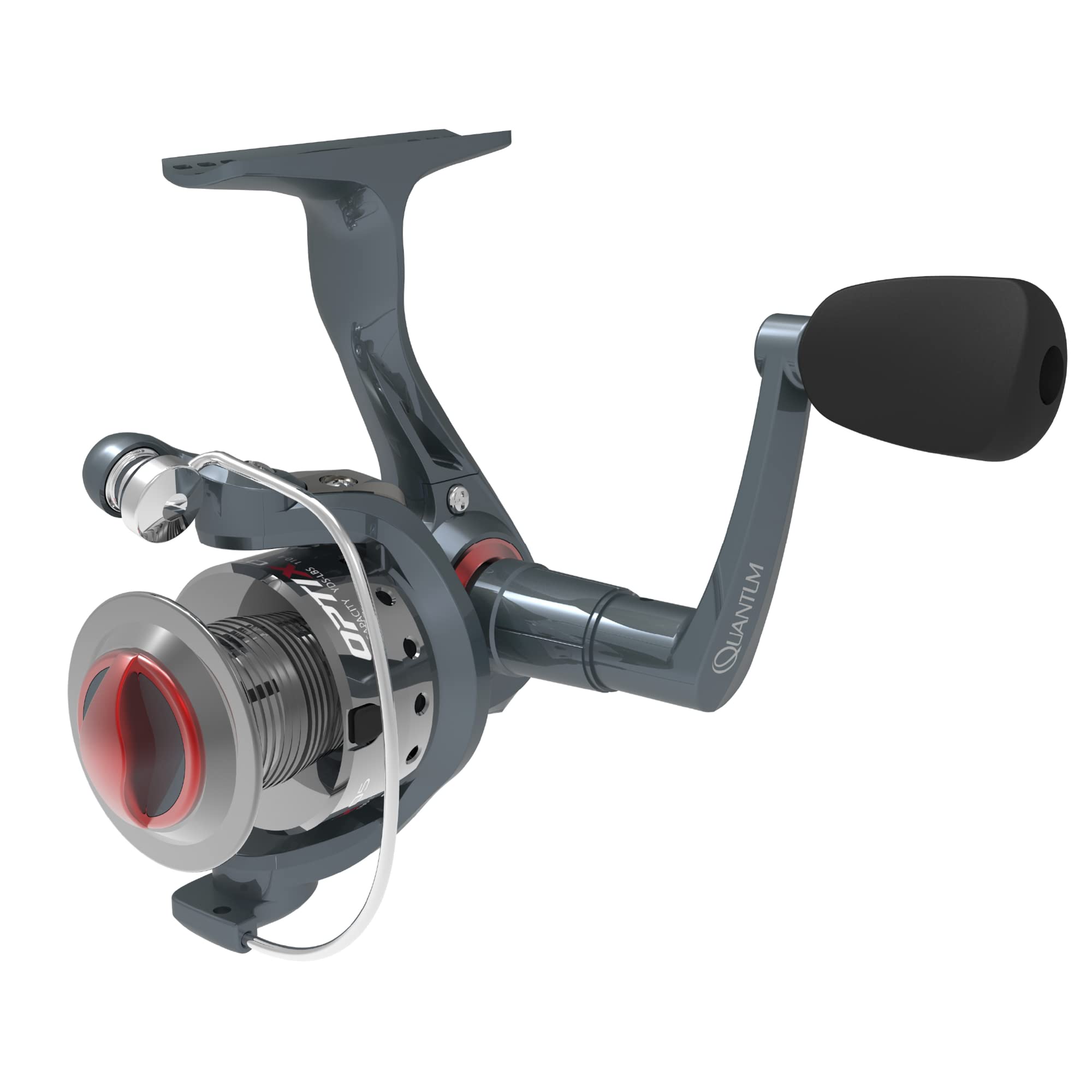 Quantum Optix Spinning Fishing Reel, Size 10 Reel, Changeable Right- or Left-Hand Retrieve, Aluminum Spool, Stainless Steel Bail Wire, 5.2:1 Gear Ratio, Silver, Clam Packaging