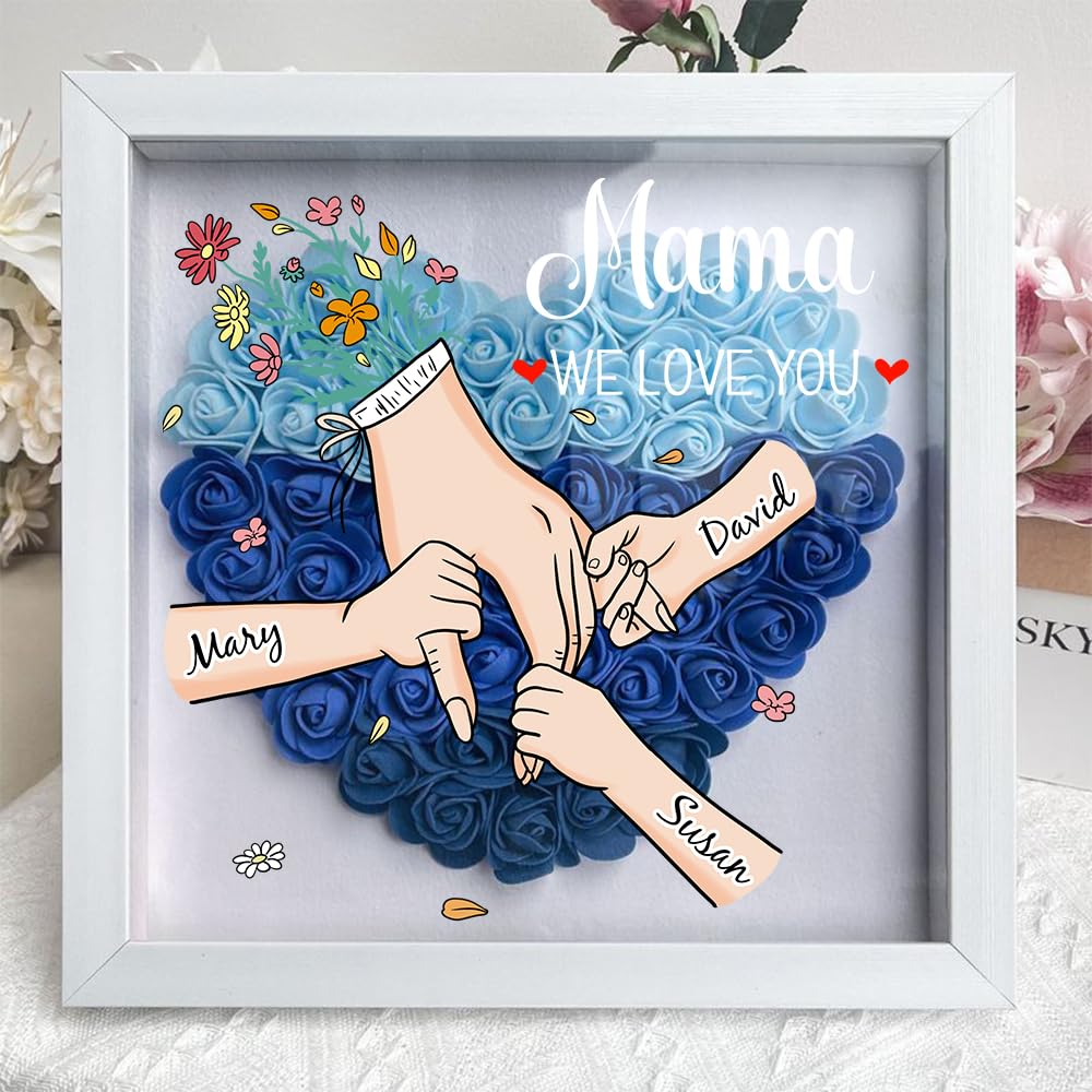 Personalised Flower Shadow Box for Mum & Grandma with Names – Family Love Blooms Forever Gift for Mother's Day, Birthday, Mom Gift, Mother's Day Gift,Gift for Mom
