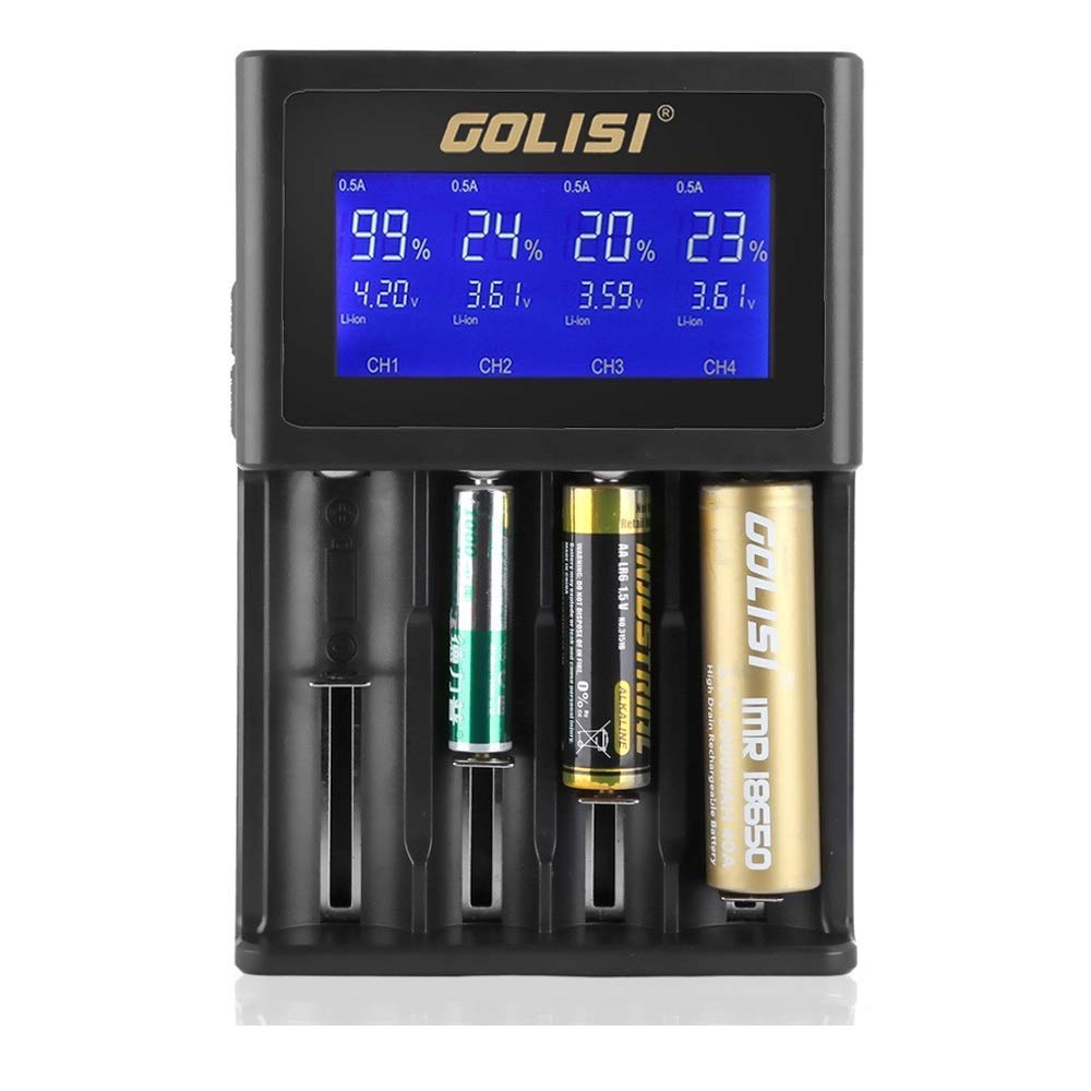18650 / 26650 Battery Charger, Golisi Universal Charger with 4 Bay, 12V 2A Quick Charge, LCD Display, Good for Ni-MH Ni-Cd AA AAA Li-ion LiFePO4 IMR 10440 14500 16340 RCR123, Best 4 slot Charger for E-cig / Vape Batteries