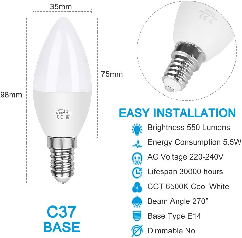 Vicloon E14 LED Candle Bulbs, 5 Pcs 5.5W C37 E14 LED Bulbs, 40W Incandescent Bulb Equivalent, 50W Halogen Bulb Equivalent - Image 3