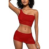 SHEKINI Women's Asymmetrical Bikini Sets One Shoulder Ruched Mesh Mid Rise Skirt Bottoms Two Piece Bathing Suit