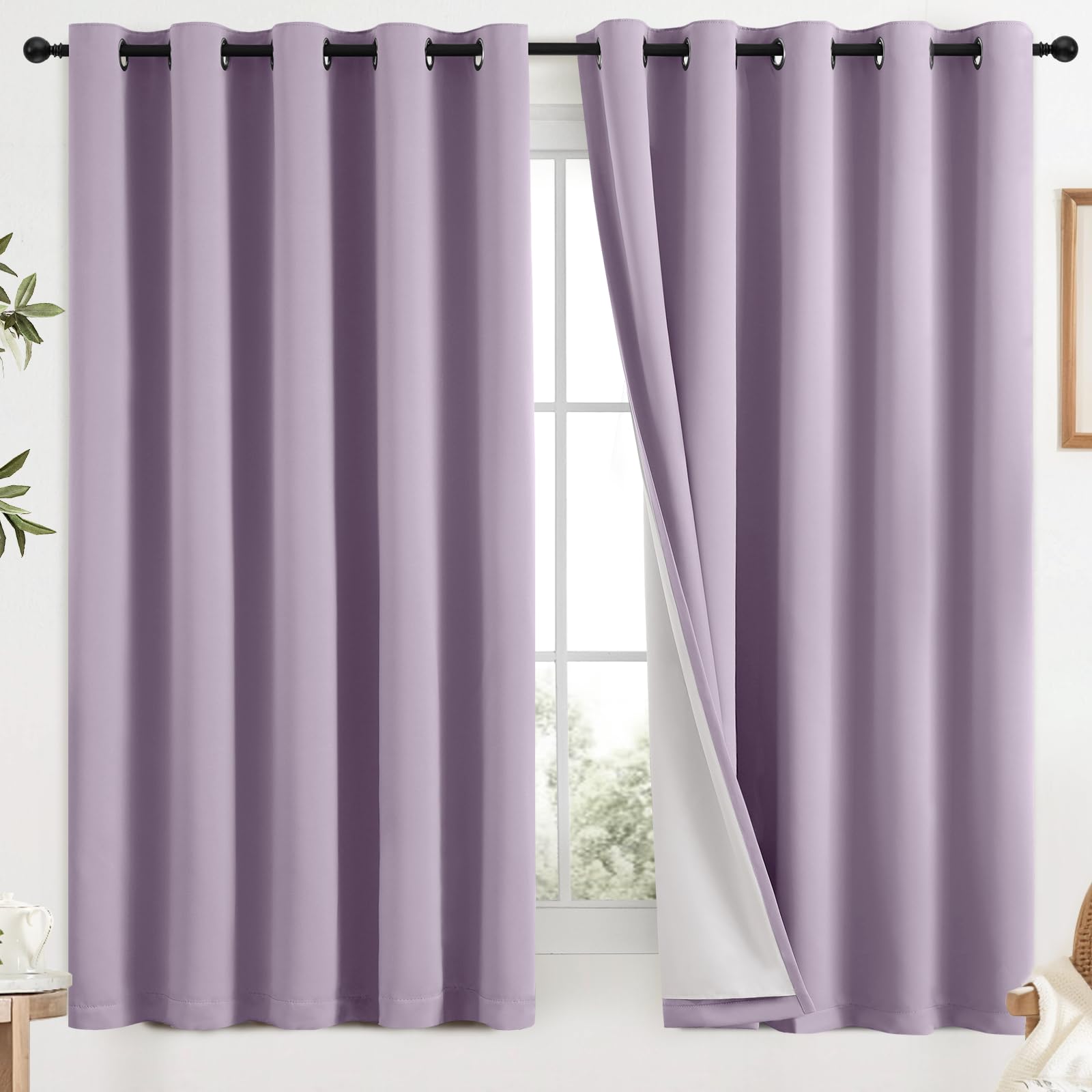 COSVIYA Lilac 100% Blackout Curtains for Bedroom, 2 Thick Layers Full Room Darkening Thermal Insulated Grommet Window Drapes with White Back, 62x63 Inch, 2 Panels Image