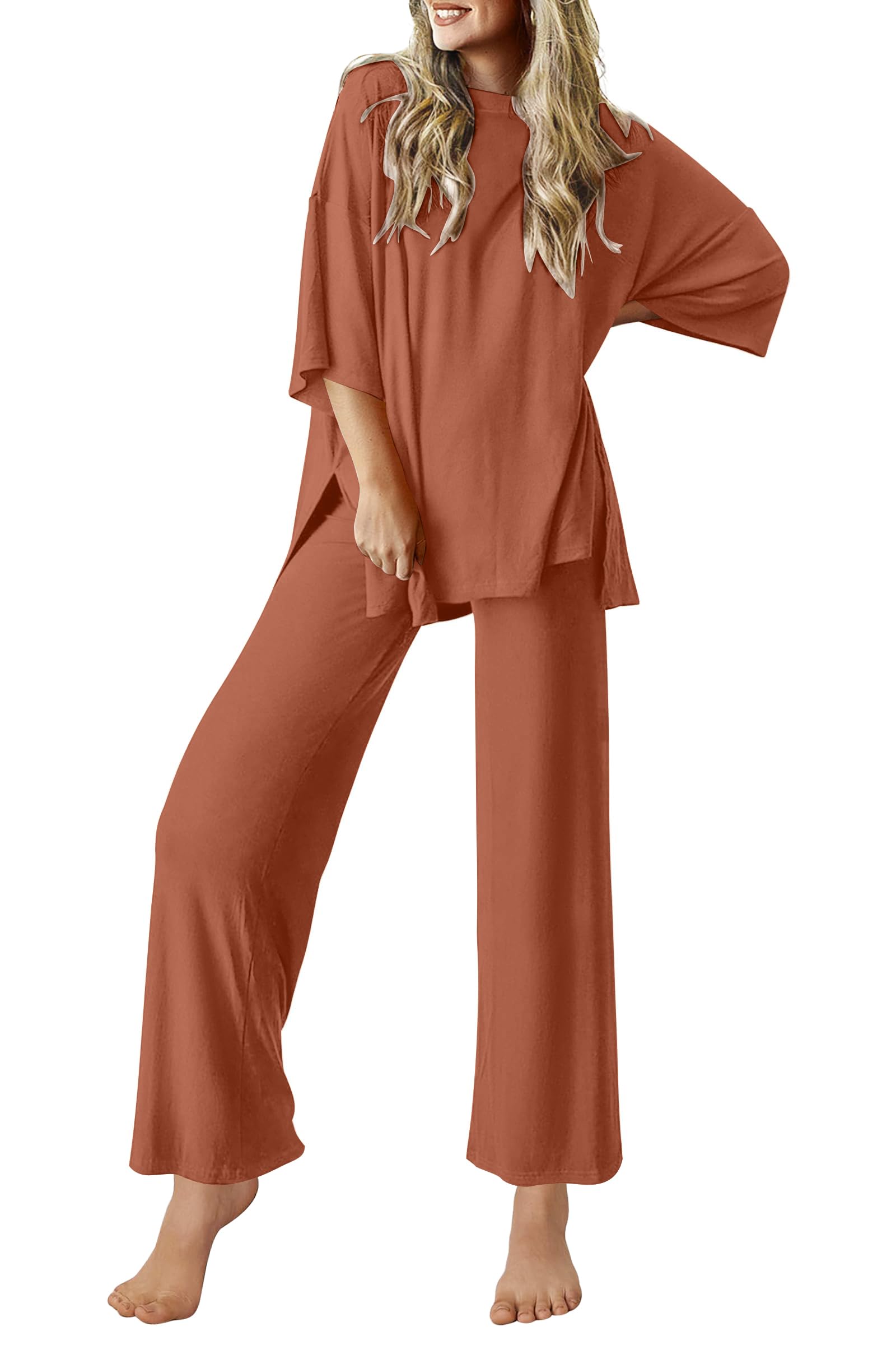 Photo 1 of *** missing top*** Ekouaer Lounge Sets for Women Short Sleeve Tops and Long Pants Soft Comfy Pajamas Set 2 Piece Outfits,Camel,L