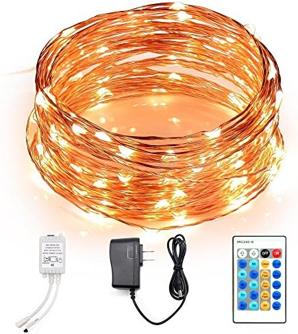 JIRVY 100 LEDs 33ft Copper Wire Outdoor String Lights with Remote Control Warm White Dimmable Led Rope Lights for Bedroom, Party, Christmas Tree, Decorations