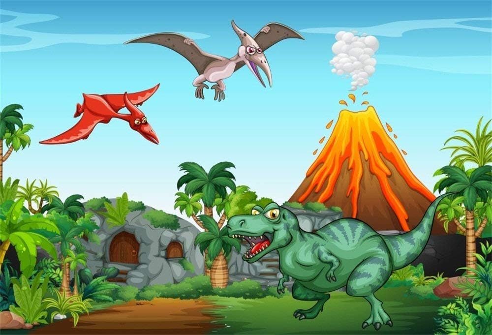 EdCott 5x3ft Cartoon Dinosaur Jurassic World Backdrop Ancient Forest Stone Animal House Flying Monster Volcano Dino Theme Birthday Party Events Photography Background Video Photo Studio Props