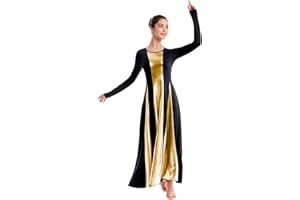 IBAKOM Womens Liturgical Praise Lyrical Dance Dress Loose Fit Full Length Long Sleeve Metallic Worship Costume Ballet