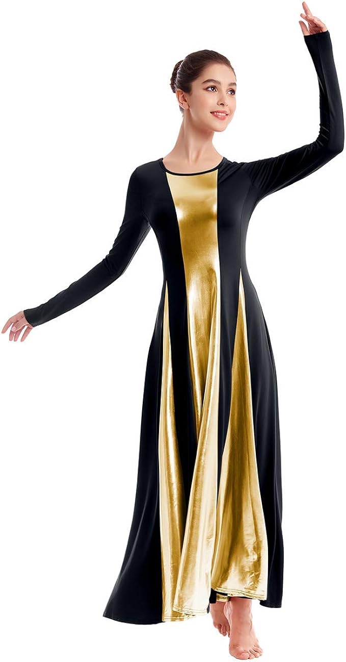 Ibakom Womens Liturgical Praise Lyrical Dance Dress Loose Fit Full Length Metallic Color Block Long Sleeve Worship Costume