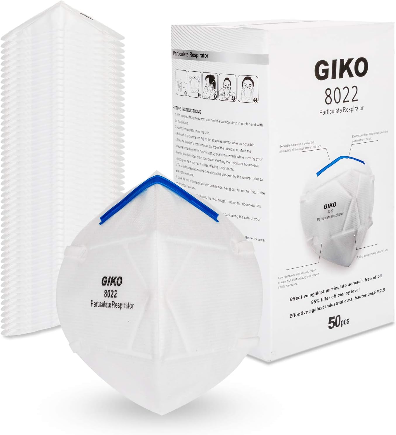 GIKO Disposable Particulate Respirator Face Mask (50 Packs) Foldable Design Air Filter Anti Pollution Dust Masks for Home Use,Construction,Woodworking