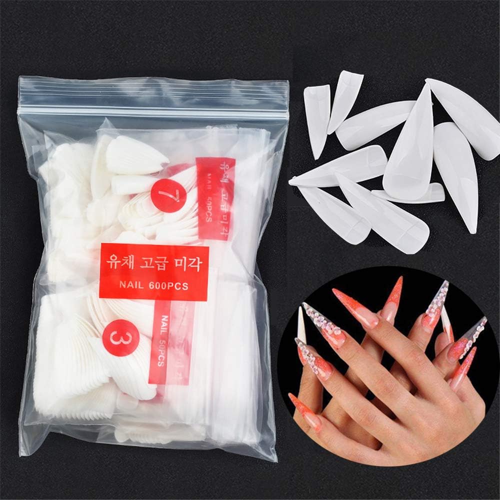 600 Pcs White Long Sharp False Nails Salon Stiletto - Nails Art Fake Acrylic Artificial Tips - 10 Sizes Nails Decoration Manicure for DIY #4