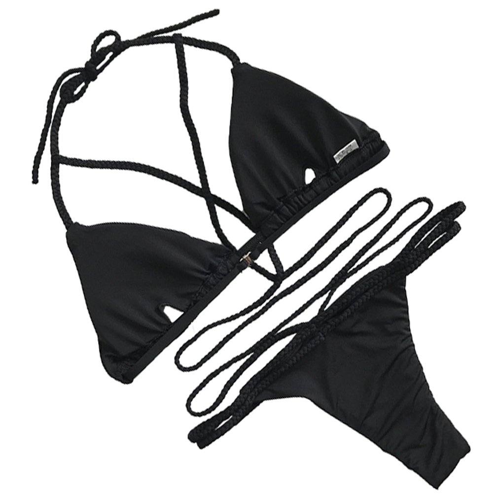 Bikini Damen Schwarz,Chicolife Damen Bandage Bikini Satz Push-up Gepolstert Halter Bandeau Einfarbig Badeanzug Baden Strand Badebekleidung