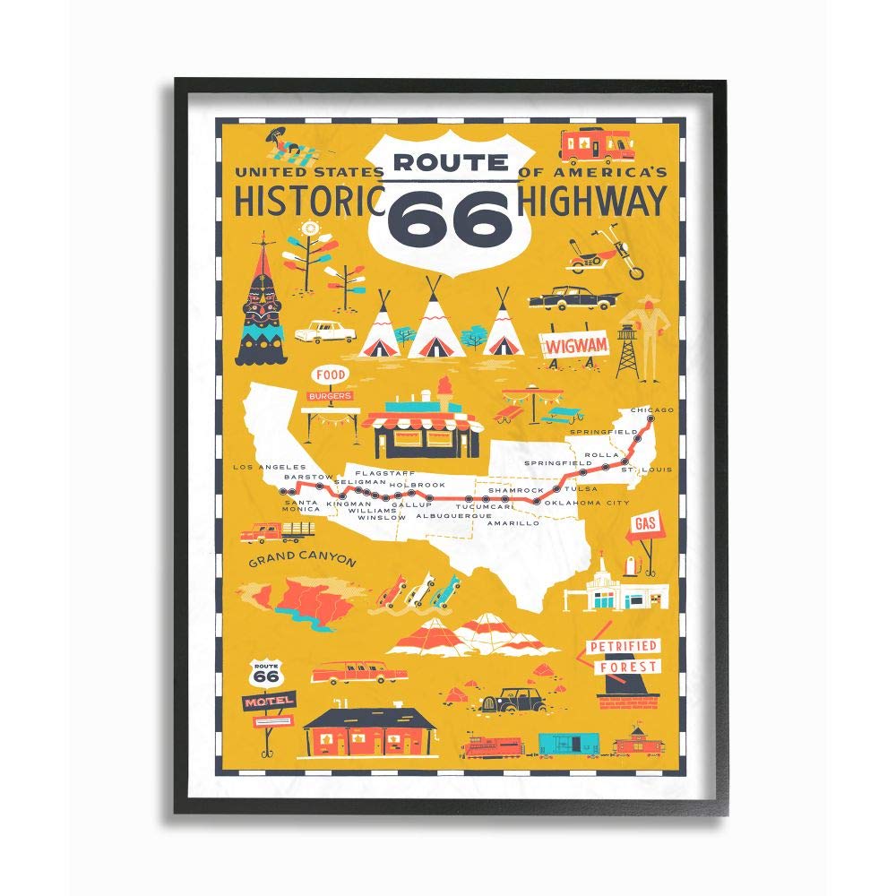 Stupell Industries US Route 66 Historic Highway Mustard Yellow Illustrated Scenic Map Poster Oversized Framed Giclee Texturized Art, 16 x 1.5 x 20, Multi-Color