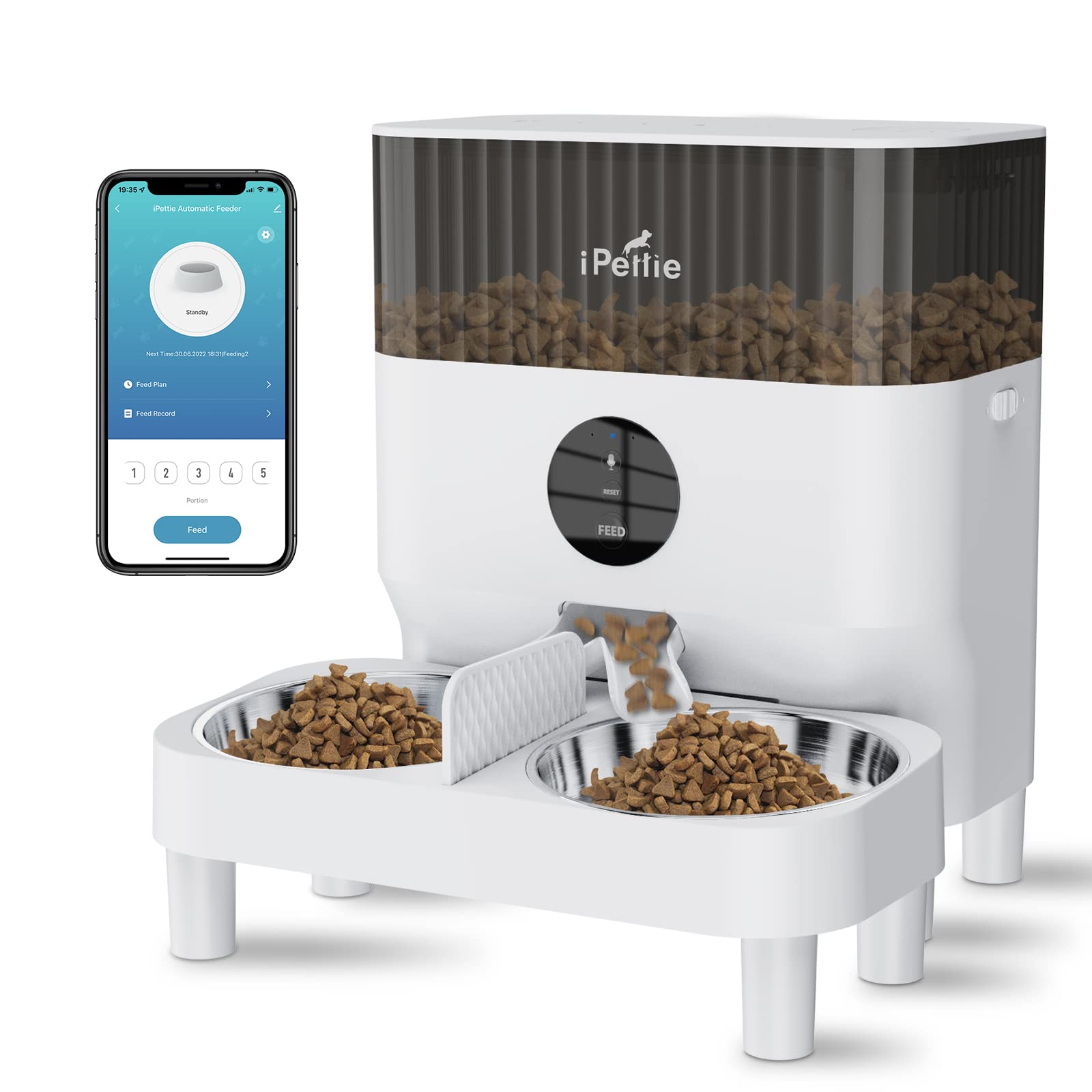 Photo 1 of iPettie Automatic WiFi Pet Feeder for 2 Pets, 5L/21 Cup Capacity, 1-10 Meals Per Day, Adjustable Bowl Height, Smart Dog Cat Feeder with 2 Stainless Steel Bowls, Voice Recording, 2.4G WiFi App Control