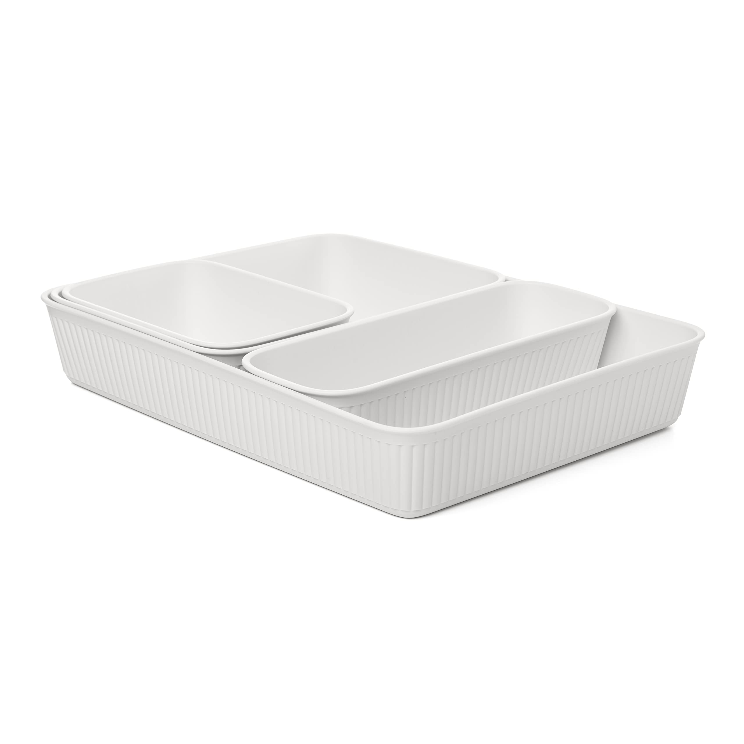 TATAY Plastic Storage Baskets Baobab | Set of 4: A6 + A5 + A4 + Slim | Drawer Organisers | Elegant Functional Design | Home & Office Organisation | Recycled BPA-Free Plastic, White