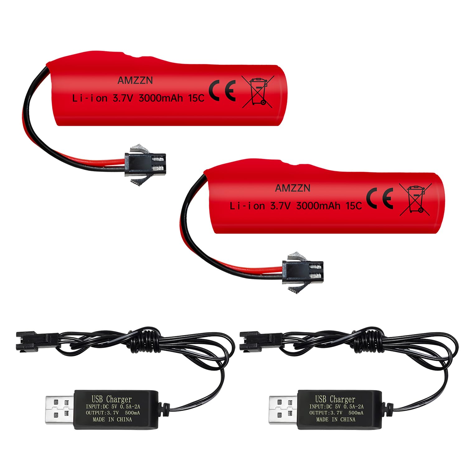 AMZZN 2PCS 3.7V 3000mAh Li-ion Battery with SM-2P Plug and USB Charging Cable for DE42 DE44 DE45 DE68 RC Car,Drifting Car Truck Toy Off-Road Racing Car Battery