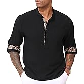 KUYIGO Mens Cotton Long Sleeve Henley Shirts Casual Beach Shirt Button Down T-Shirt