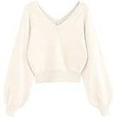 ZAFUL Women's Cropped Sweater V-Neck Long Sleeve Crop Sweater Pullover Jumper Knit Top