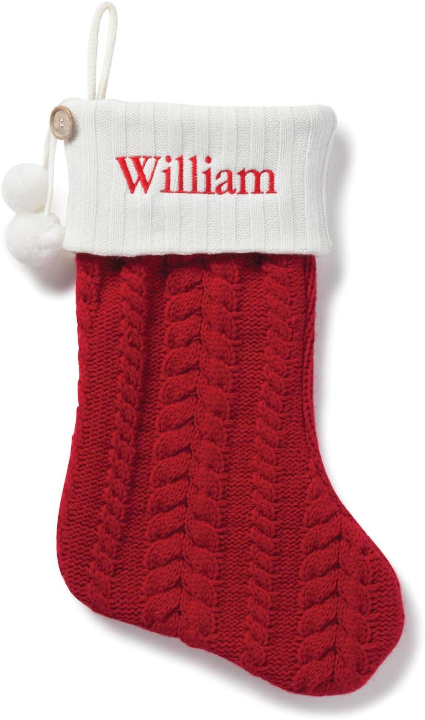 Stockings & Holders - Personalized Planet Traditional Red Cable Knit Christmas Stocking with Custom Name Embroidery | White Cuff | Detailed with Button and Pom Pom Accents | Fun Festive Christmas Home Décor | Ready to Hang