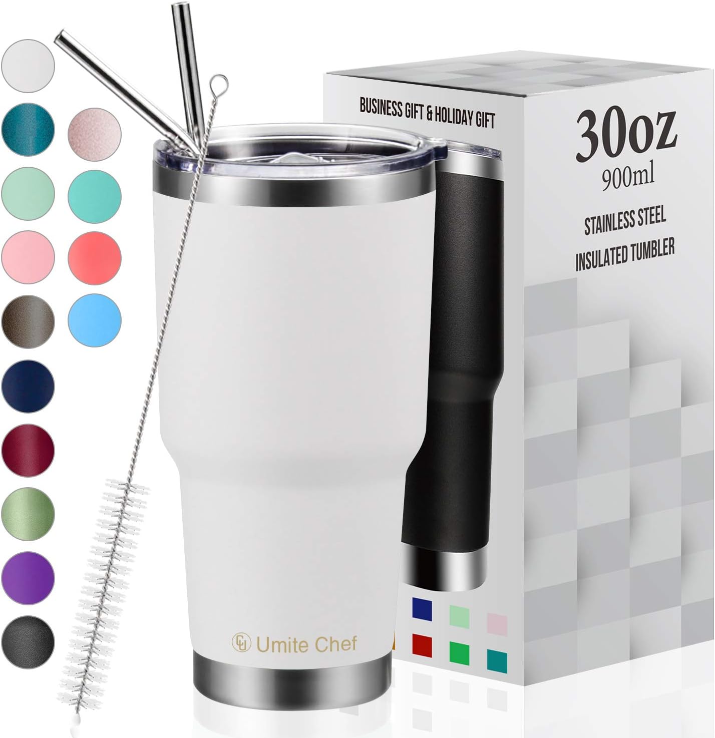 30oz Tumbler with Lid, Insulated Stainless Steel Travel Tumbler by Umite Chef, Insulated Coffee Mug, Double Wall Water Coffee Cup for Home, Office, 2 Straws, Brush & Gift Box(30oz, White)