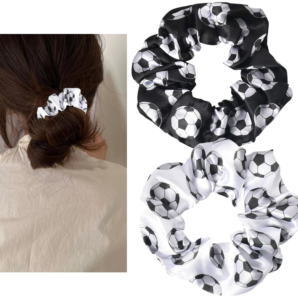 Satin Scrunchies for Women Girls Football Silk Hair Ties for Women Soccer Soft Hair Silk Elastic Hair Bands for Women's Hair Scrunchies Set of 2 Hair Accessories for Women Girls Hair Rope