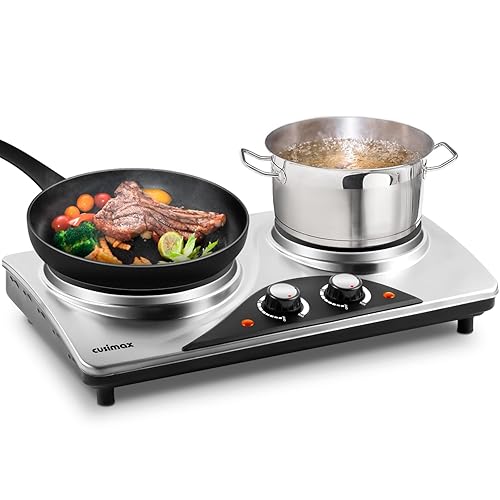 Double Hot Plate, CUSIMAX Electric Hot Plate for Cooking Portable Electric Hob, Cooktop Table Top Hob with 2 Cast Iron Rings Double Burner with Dual Temperature Control Stainless Steel