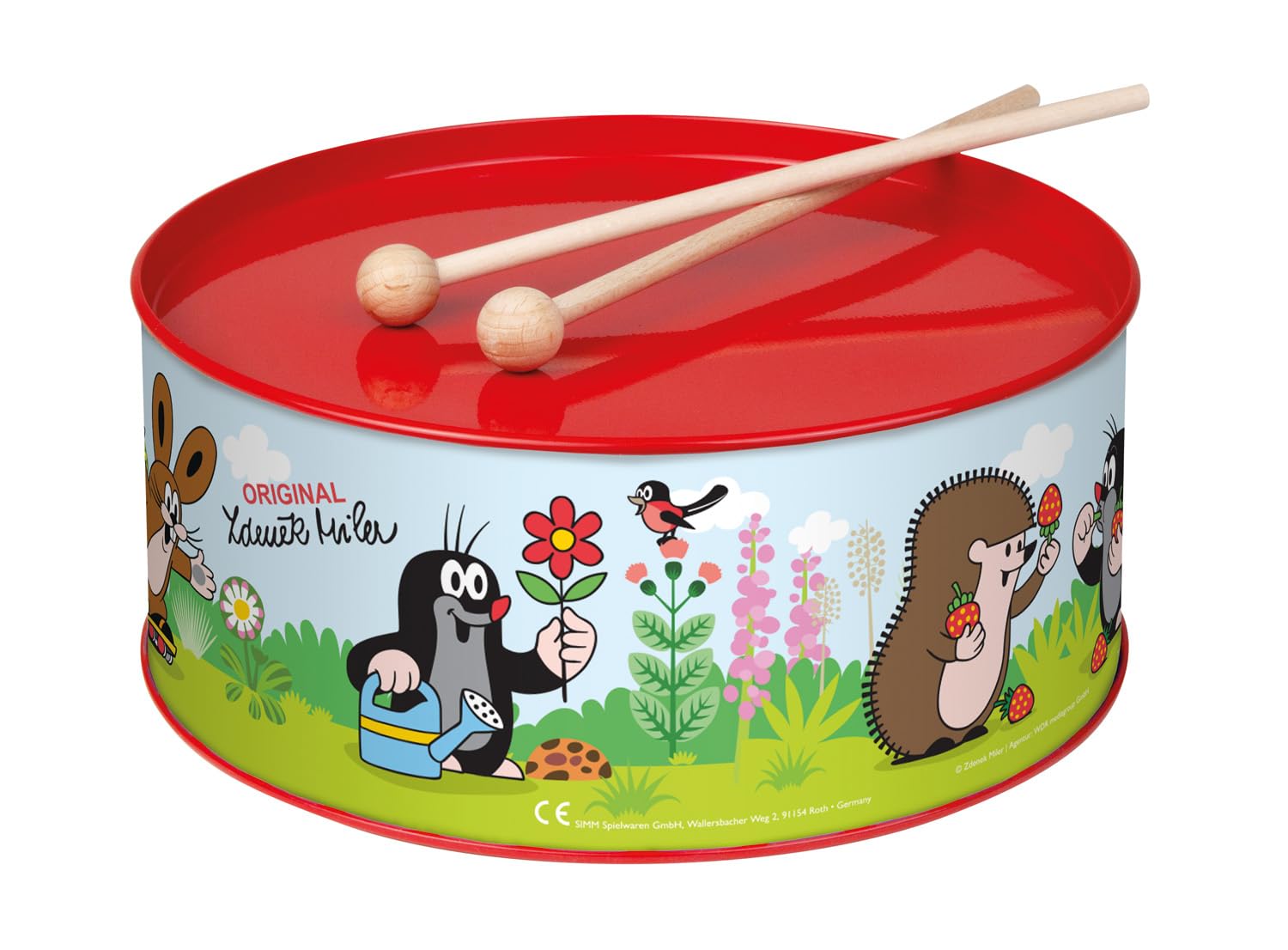 Lena 52606 Children's Tin Drum with 2 Mallets with 2 Mallets The Little Mole Diameter 20 cm Multi-Coloured