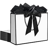 12 pcs White Gift Bags with Handles 12.5x4.5x10 Inches Large Paper Bags with Bow Ribbon and Tissue Paper Gift Wrap Bags for Birthday Bridesmaid Party Wedding Baby Shower Valentines, White-Black