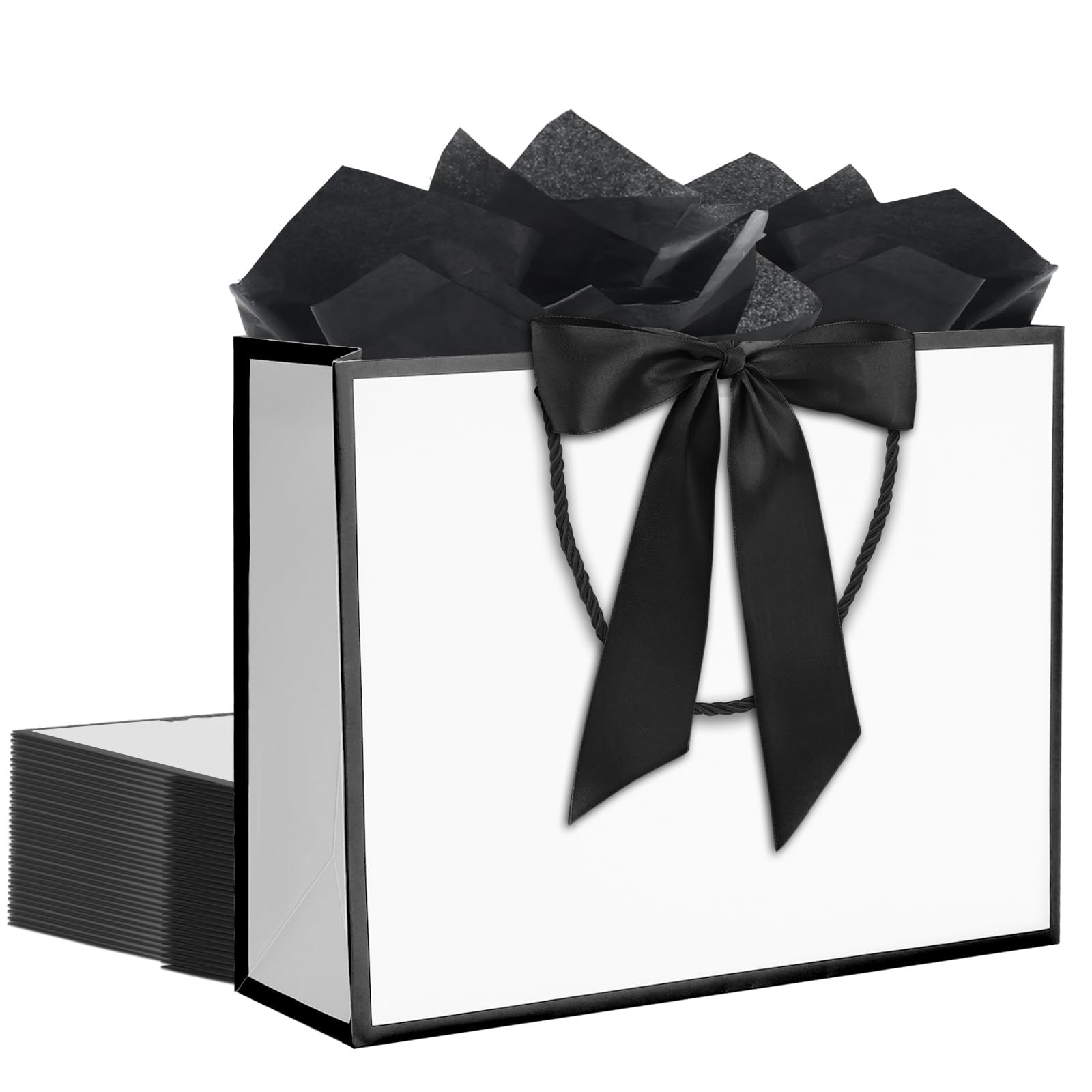 Photo 1 of 12 pcs White Gift Bags with Handles 12.5x4.5x10 Inches Large Paper Bags with Bow Ribbon and Tissue Paper Gift Wrap Bags for Birthday Bridesmaid Party Wedding Baby Shower Valentines, White-Black