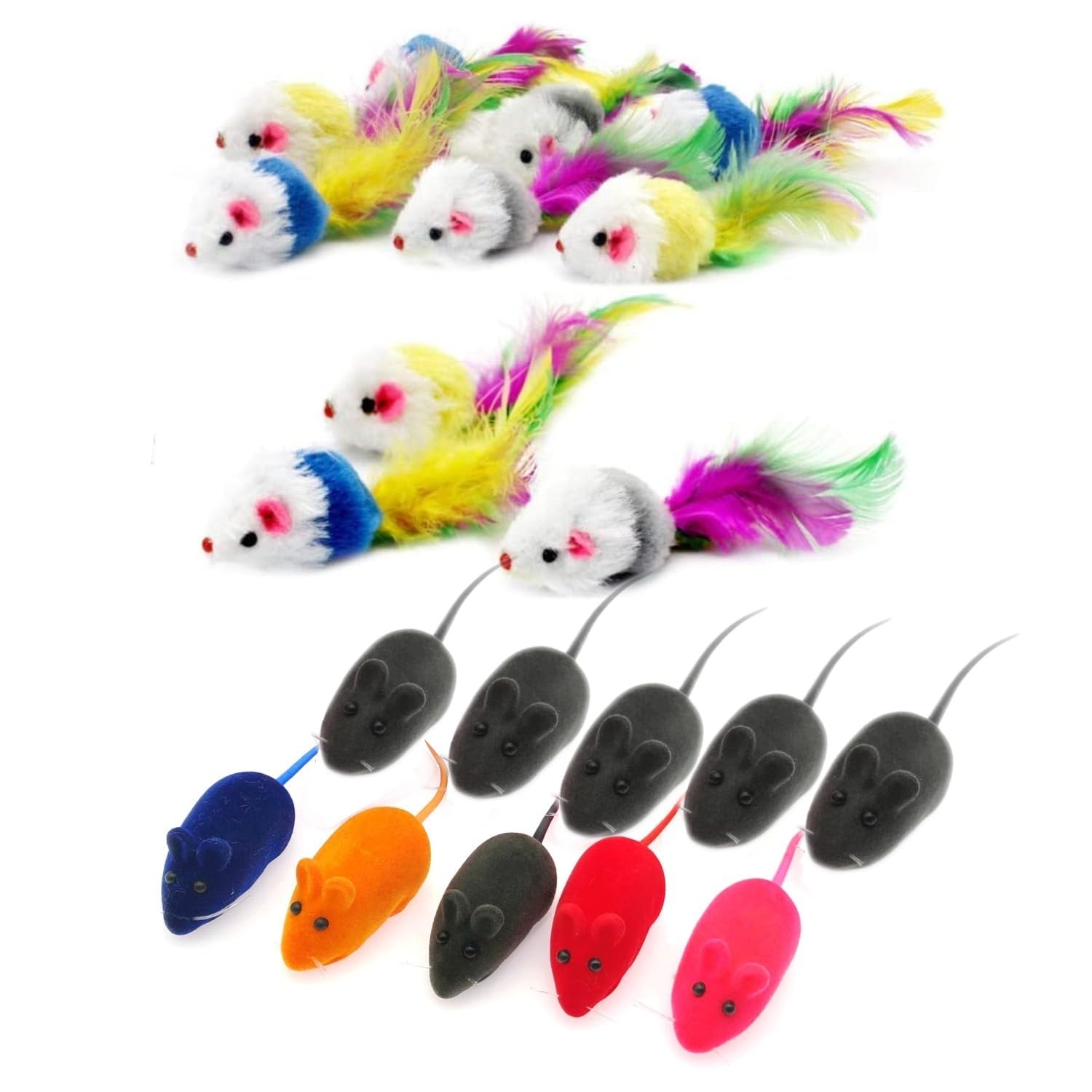 JZK 20 x Furry pet cat toys mice with feather tails cat toy mice with rattle interactive toy for cat kitty