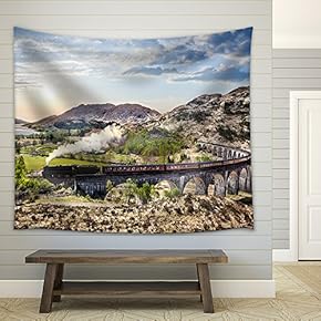 Glenfinnan Railway Viaduct in Scotland with The Jacobite Steam Train Against Sunset Over Lake - Fabric Wall Tapestry Home Decor - 51x60 inches