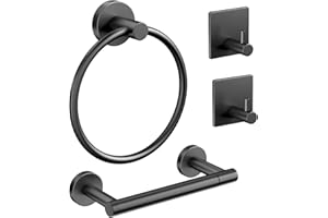 Pokim Matte Black Toilet Paper Holder - SUS304 Stainless Steel Pivoting Toilet Roll Holder and Hand Towel Ring Robe Hooks Set