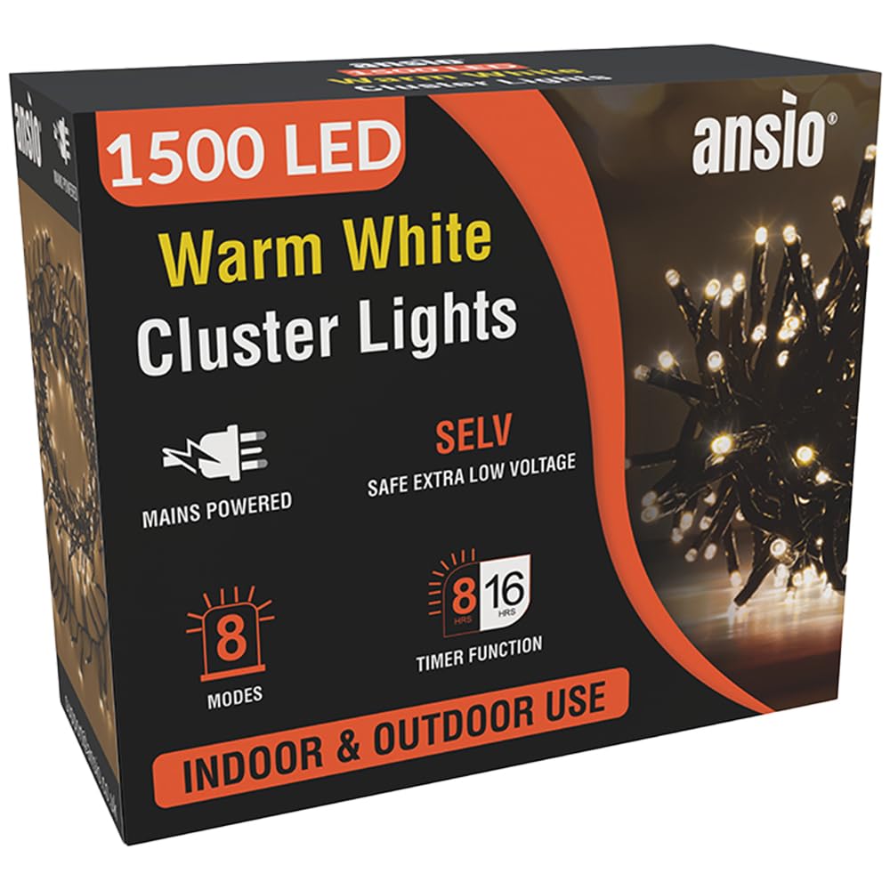 ANSIO® Christmas Lights 1500 LED 18m/59ft Cluster Christmas Tree Lights for Indoor & Outdoor Warm White Decorations Fairy Lights with Timer for Xmas Garden Bedroom & Party | Mains Powered Green Cable