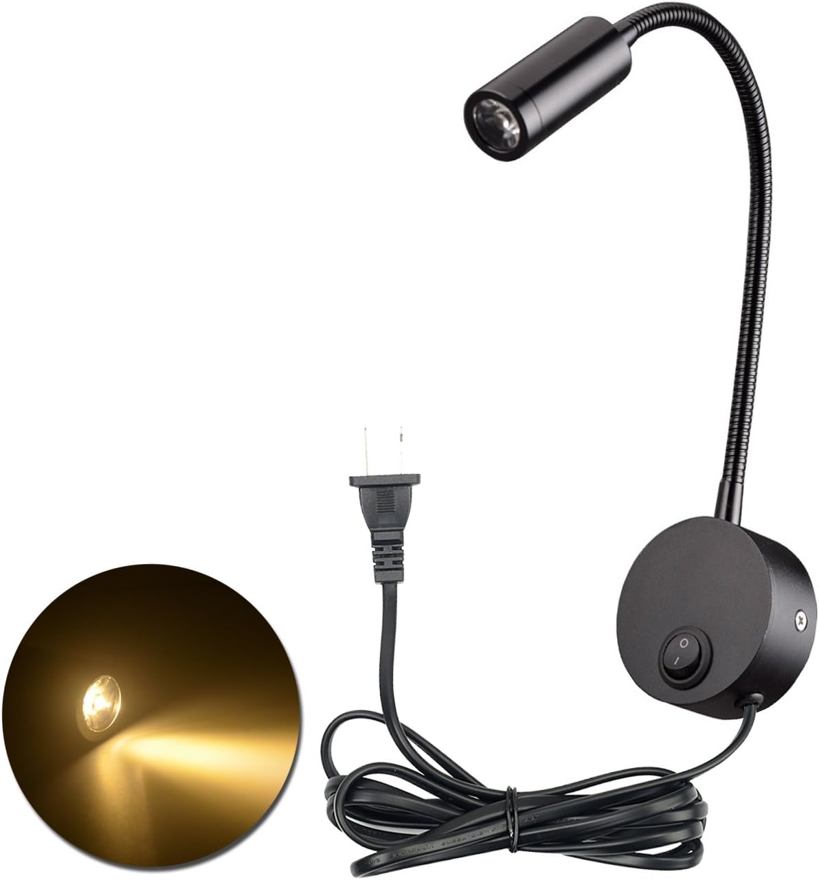 YUHAN Plug Wired Flexible LED Wall Lamp, 3W Gooseneck Wall Mount Sconce Reading Working Light