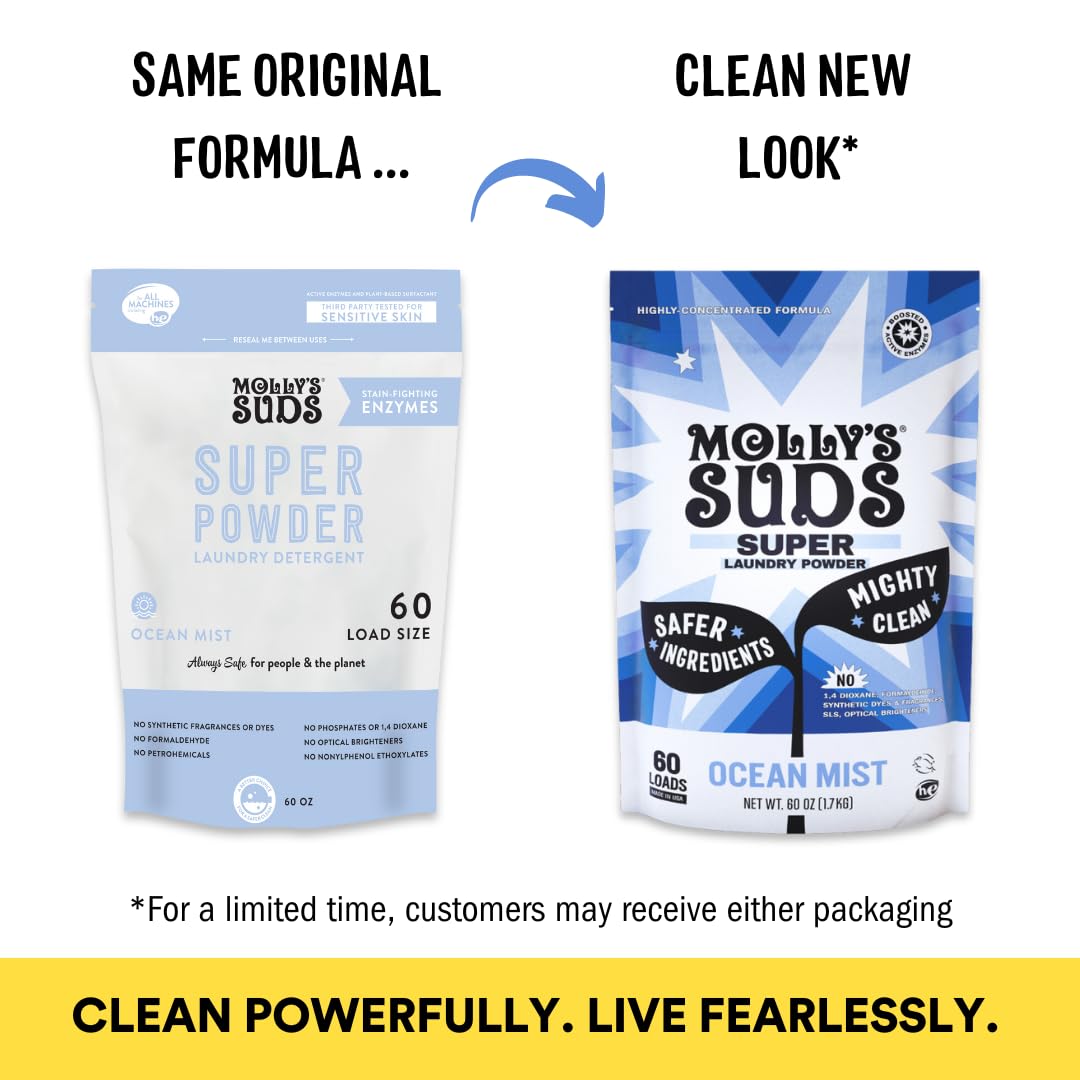 Molly's Suds Super Powder Detergent | Extra Strength Laundry Soap, Stain Fighting | Sensitive Skin | Simple, Effective Ingredients | 60 Loads - Ocean Mist