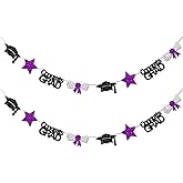 Vofrise Black and Purple Congrats Grad Banner Graduation Decorations Class of 2026 Glitter Star Grad Cap Certificate Bunting Garland for Graduation Party Supplies