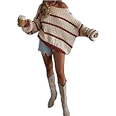 Verdusa Women‘s Off The Shoulder Sweater Striped Color Block Chunky Oversized Cozy Sweaters Winter Clothing