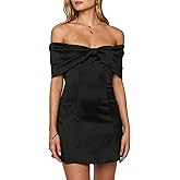 YEXPINE Women's Elegant Satin Off Shoulder Bow Front Mini Dress Stretchy Fitted Bodycon Party Club Cocktail Dress
