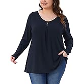 Agnes Orinda Plus Size Top for Women Long Sleeve V Neck Button Casual Loose Tunic Tops Basic Tee Shirts