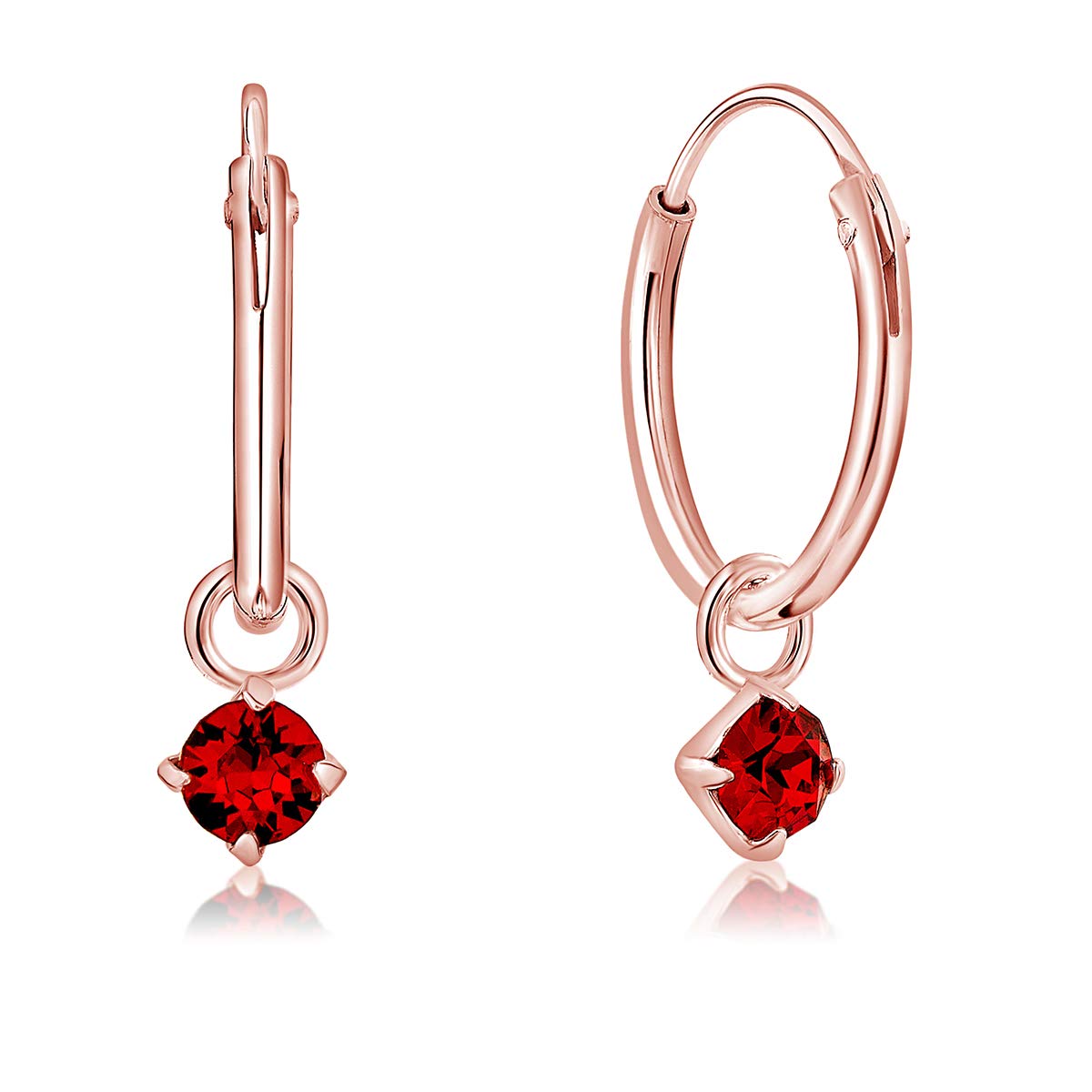 DTPsilver® 925 Sterling Silver Rose Gold Plated SMALL Hoops Earrings & Round Dangling 3 mm Crystals from Swarovski® Elements - Thickness 1.2 mm - Diameter: 12 mm - Colour : Red Light Siam