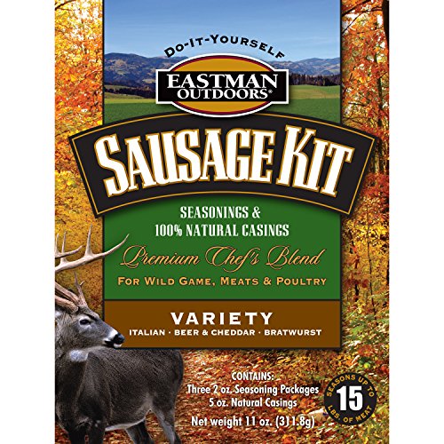 Eastman Outdoors 38661 Variety Sausage Kit for Wild Game, Meats, and Poultry (Makes 15 Pounds Combined Italian, Bratwurst, Beer and Cheddar Includes Natural Hog Casings)