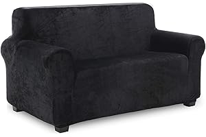 TIANSHU Velvet Fleece Loveseat Cover,Soft Plush Loveseat Slipcover, 1 Piece High Stretch Couch Covers for 2 Cushion Couch, Stylish Furniture Cover Protector(Loveseat,Black)
