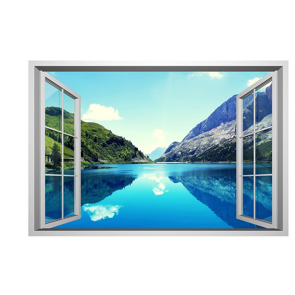 Lichi 3D Fake Window River Mountain View Scenery Wall Sticker Mural Art Decal for Home Decoration