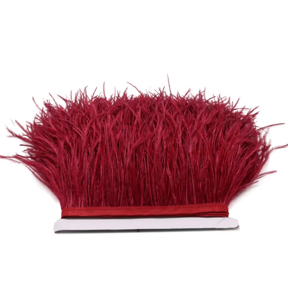 FQTANJU 2 Yards Soft & Natural Ostrich Feathers Fringe Trims Ribbon Used for Dress, Sewing, Craft Clothing, Lighting Decoration, Clothing DIY, etc. (Wine-red)