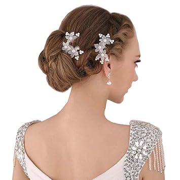 Runfon 3 Pcs U Shape Ladies Faux Pearls Flower Hair Clips Wedding