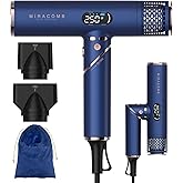 MIRACOMB Foldable Travel Hair Dryer, Powerful Ionic Blow Dryer Pro with Brushless Motor for Fast Drying, Lightweight Portable Hairdryer for Women/Men, Digital Heat/Speed Settings, with 2 Nozzles