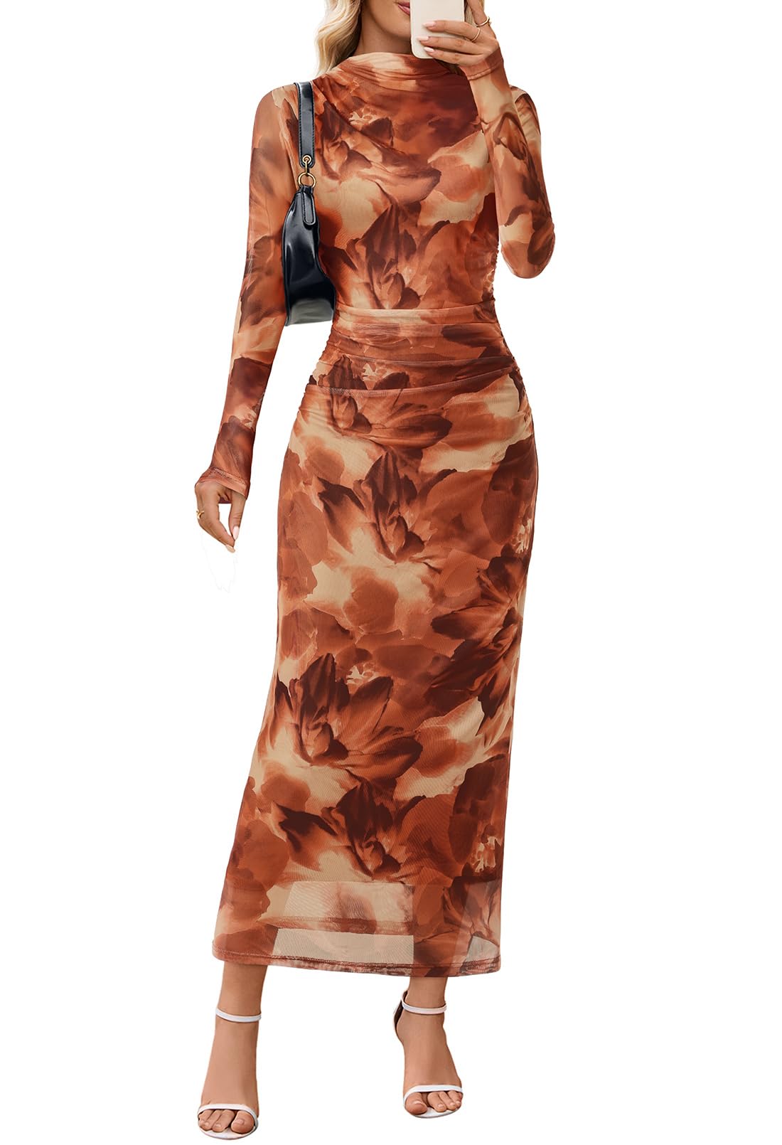 MEROKEETY Women's Spring Wedding Guest Dress 2026 Long Sleeve Bodycon Floral Mesh Fall Cocktail Holiday Party Maxi Dresses, Brown, S Image