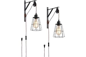 Industrial Rustic Cage Wall Lamp Bracket Pulley Lights Fixture Set of 2,YILYNN Farmhouse Pendant Lamp Adjustable Hanging with