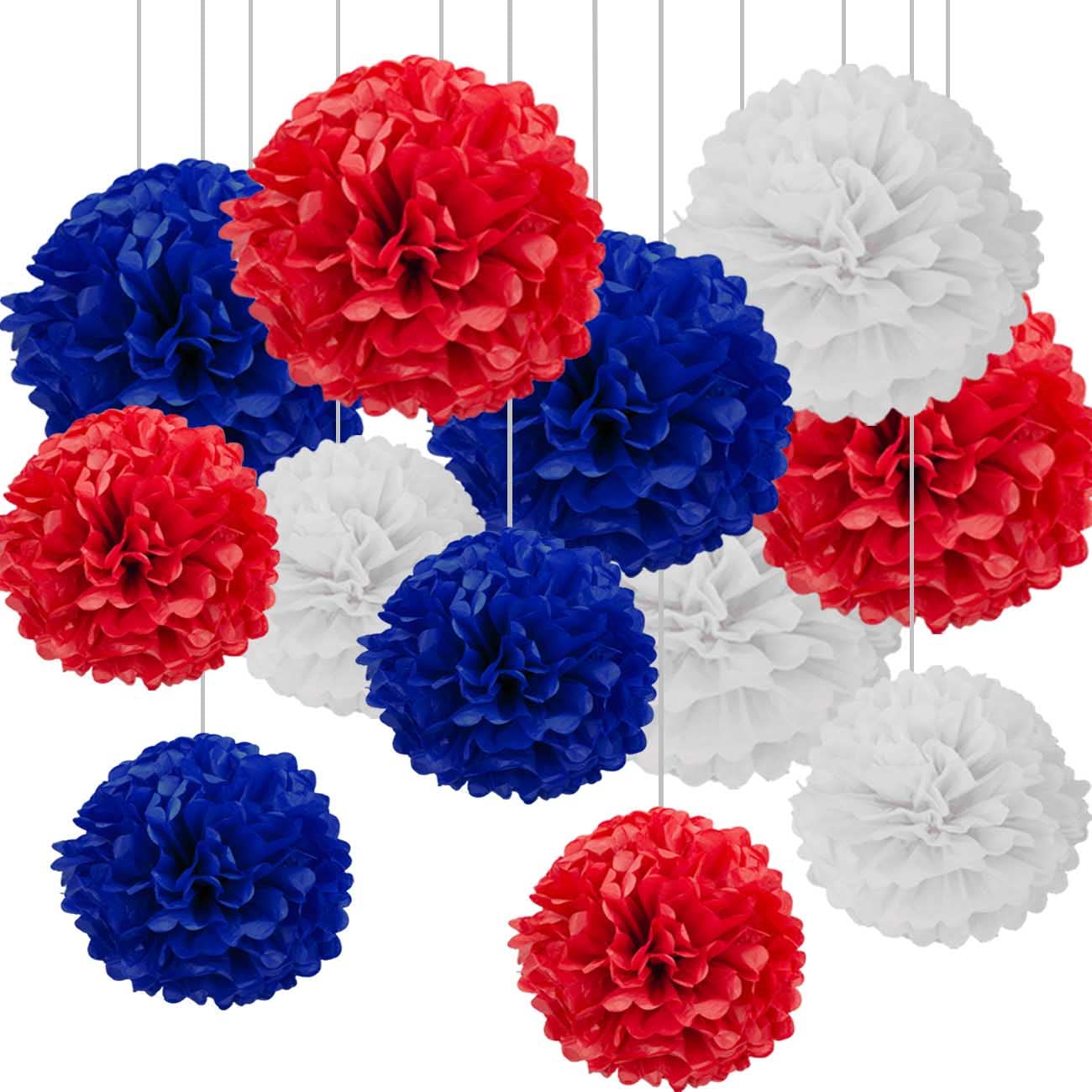 12pcs Red Blue and White Paper Paper Pompoms,Hanging Tissue Paper Pom Poms for Birthday Graduation National Day Party Decoration-25M x 4.5cm